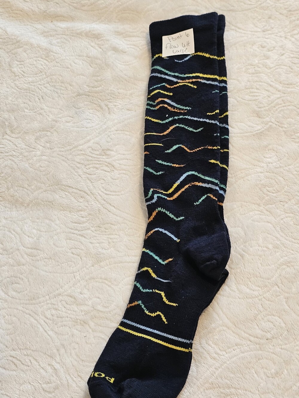 Point6 Flow Ultra Light Over-Calf Socks Merino Wool N Blue Pattern Men's L Euc